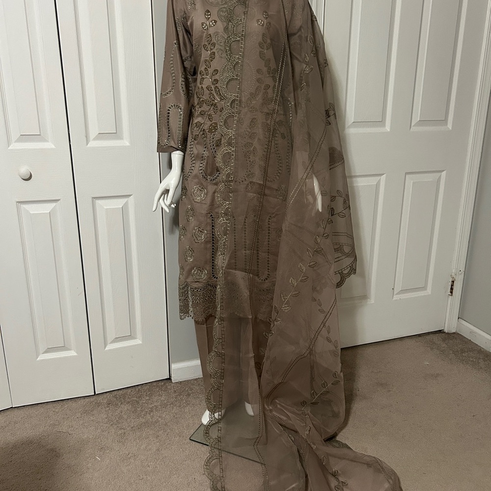 Elegant Embroidered Brown dress with organza dupatta